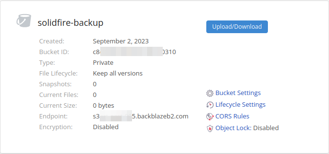 Backblaze bucket for SolidFire backup
