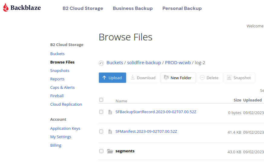 Backblaze backup with SolidFire data