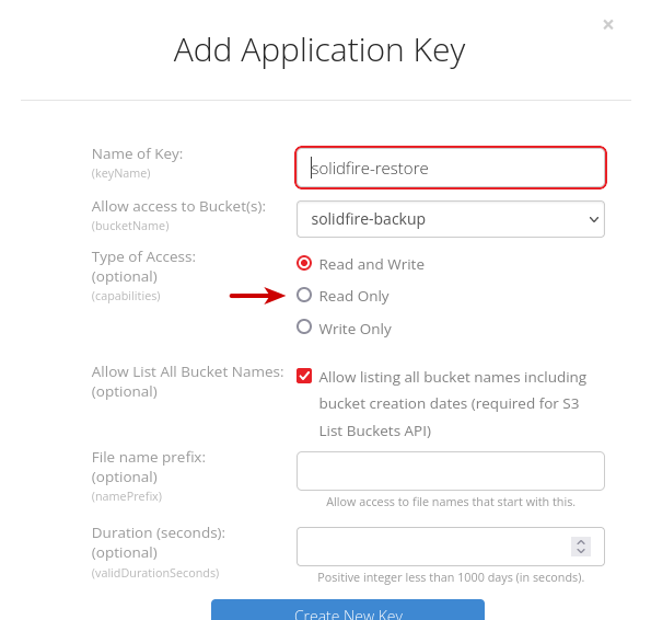 Backblaze key pair for restore