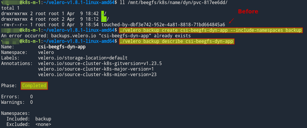 Velero backup of BeeGFS data to S3