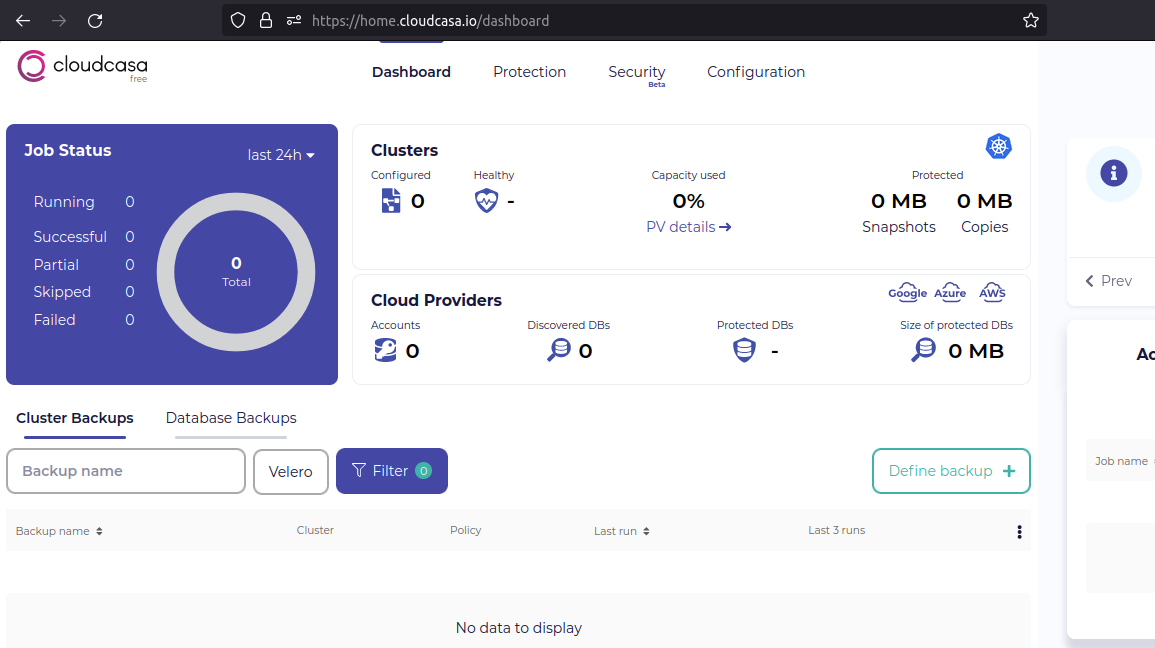 Initial CloudCasa dashboard