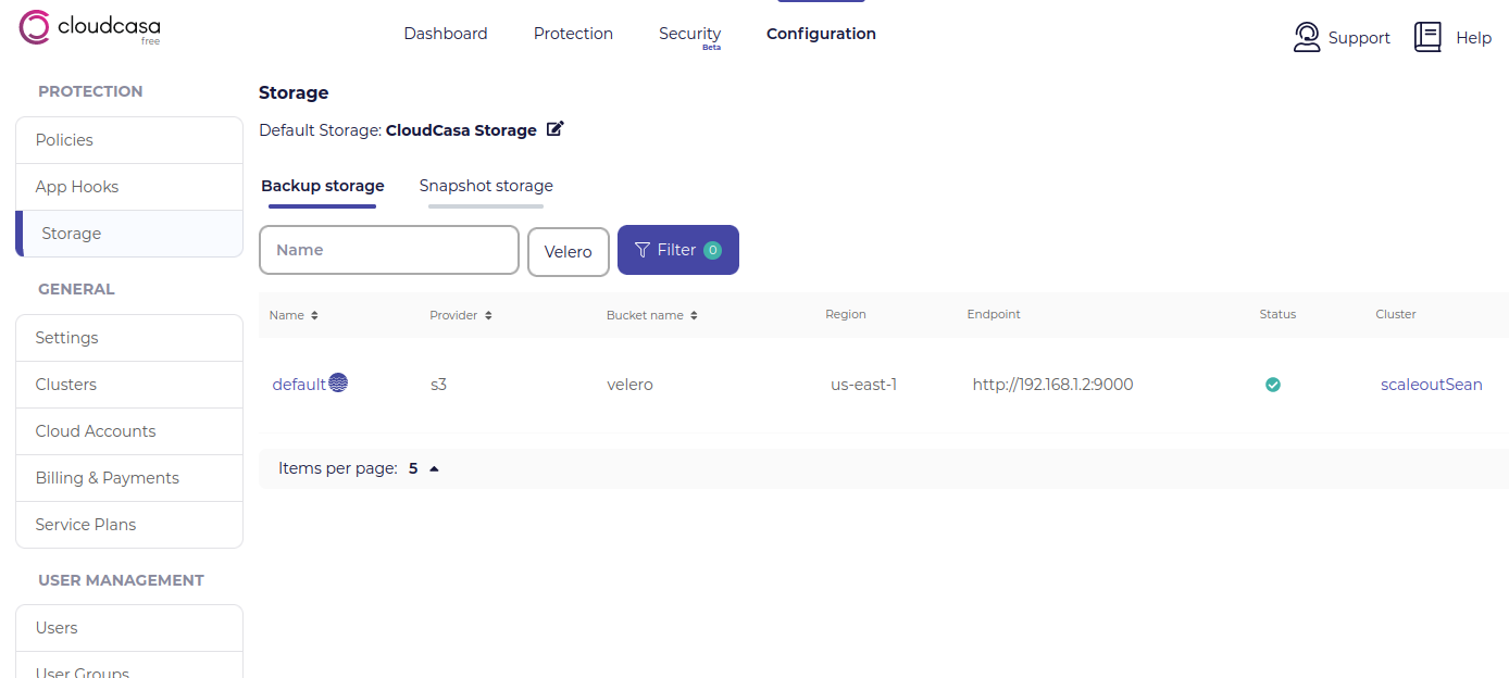 Registered Velero backup storage