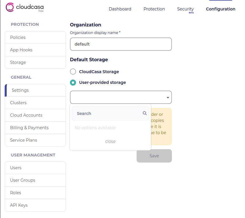User-defined storage option