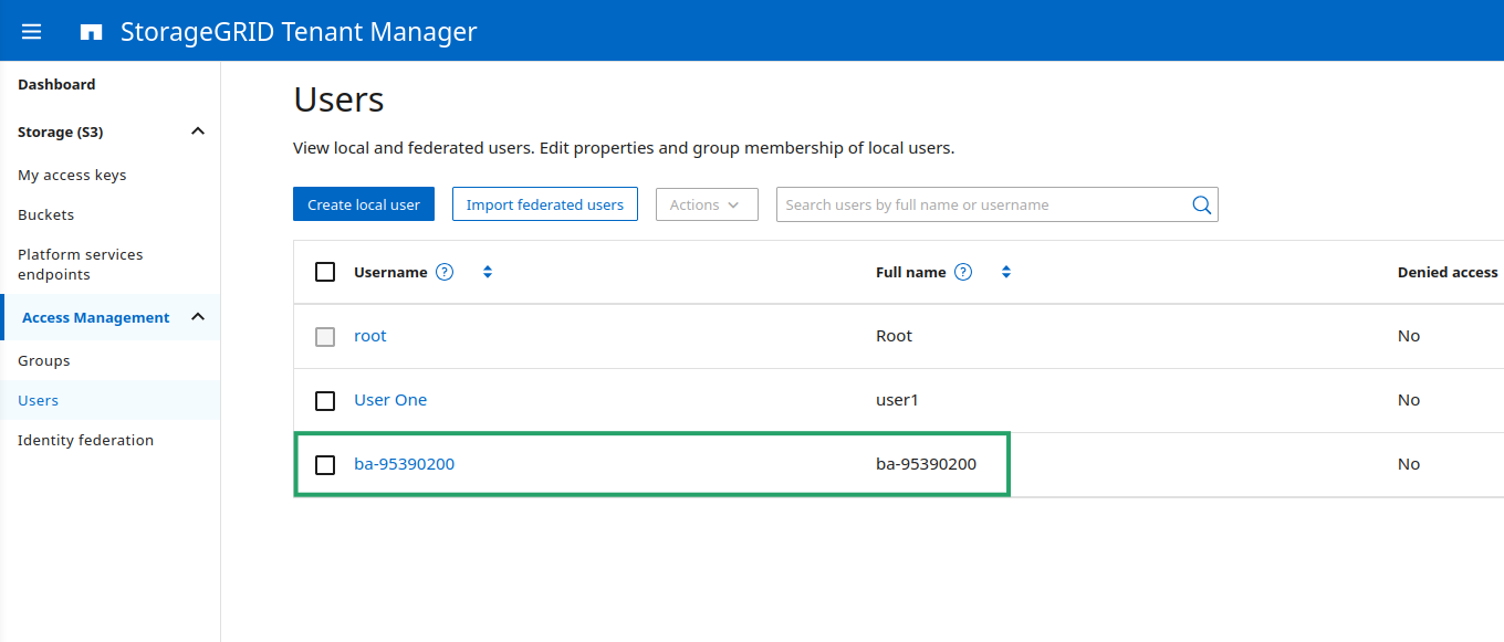 COSI user details for snapshot bucket