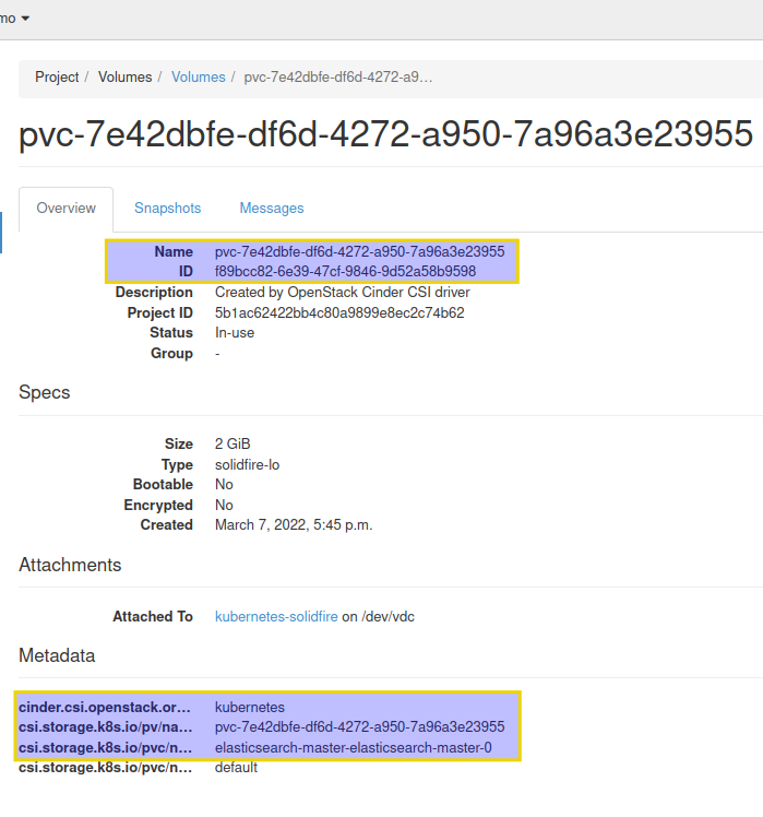 Openstack Cinder volume created for PVC by Cinder CSI