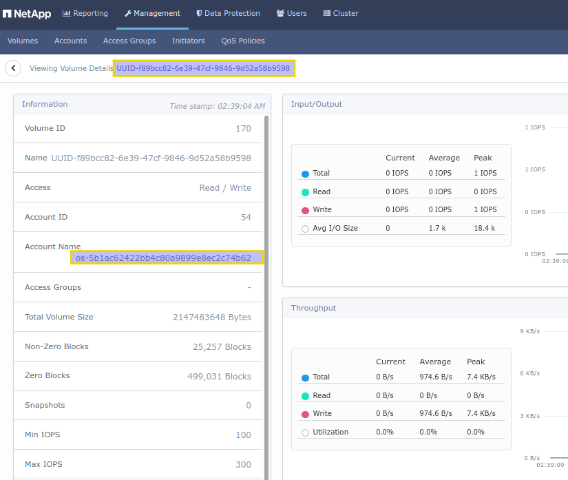 Cinder CSI PVC in SolidFire Web UI