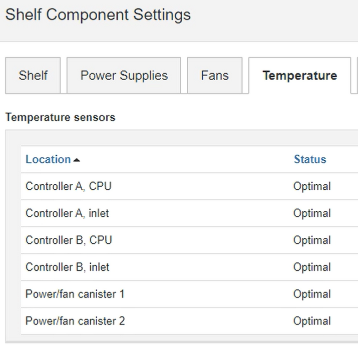 Temperature sensors in the SANtricity Web UI