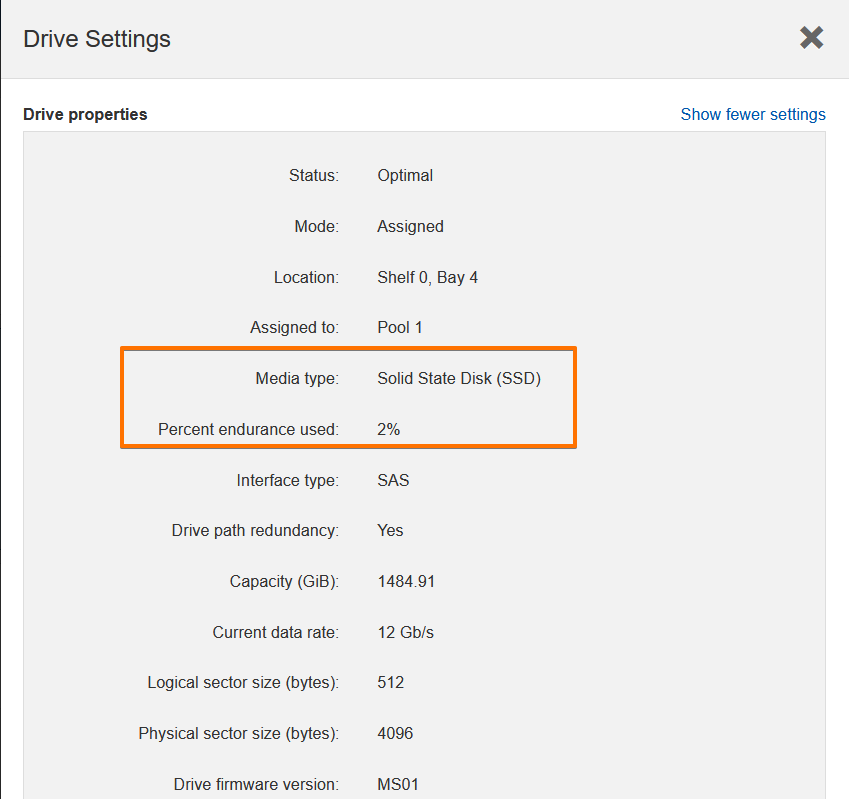 SSD wear level percentage indicator in SANtricity