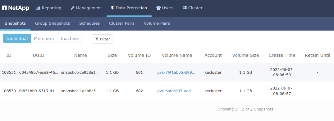 Volume Snapshots in SolidFire UI