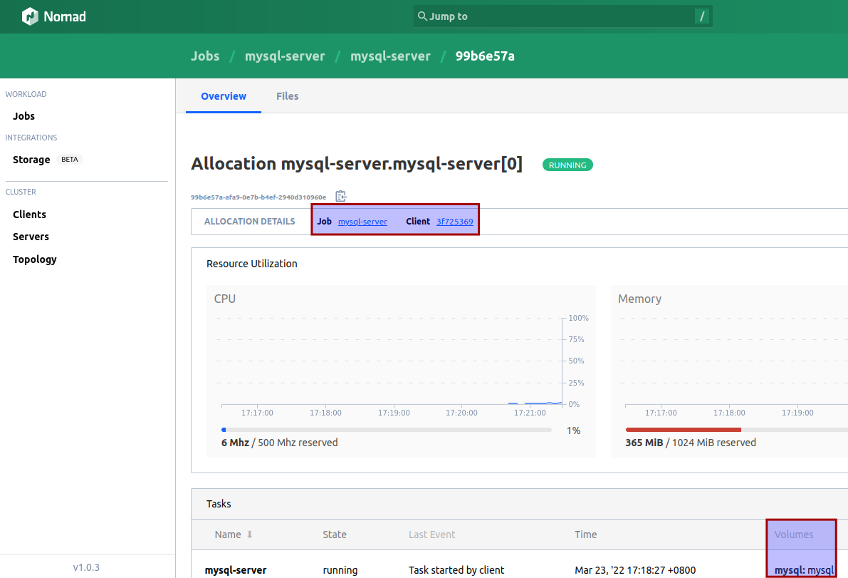 Nomad job running on es1