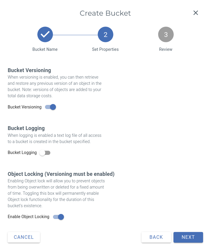 Wasabi - create Object Lock-enabled bucket step 2