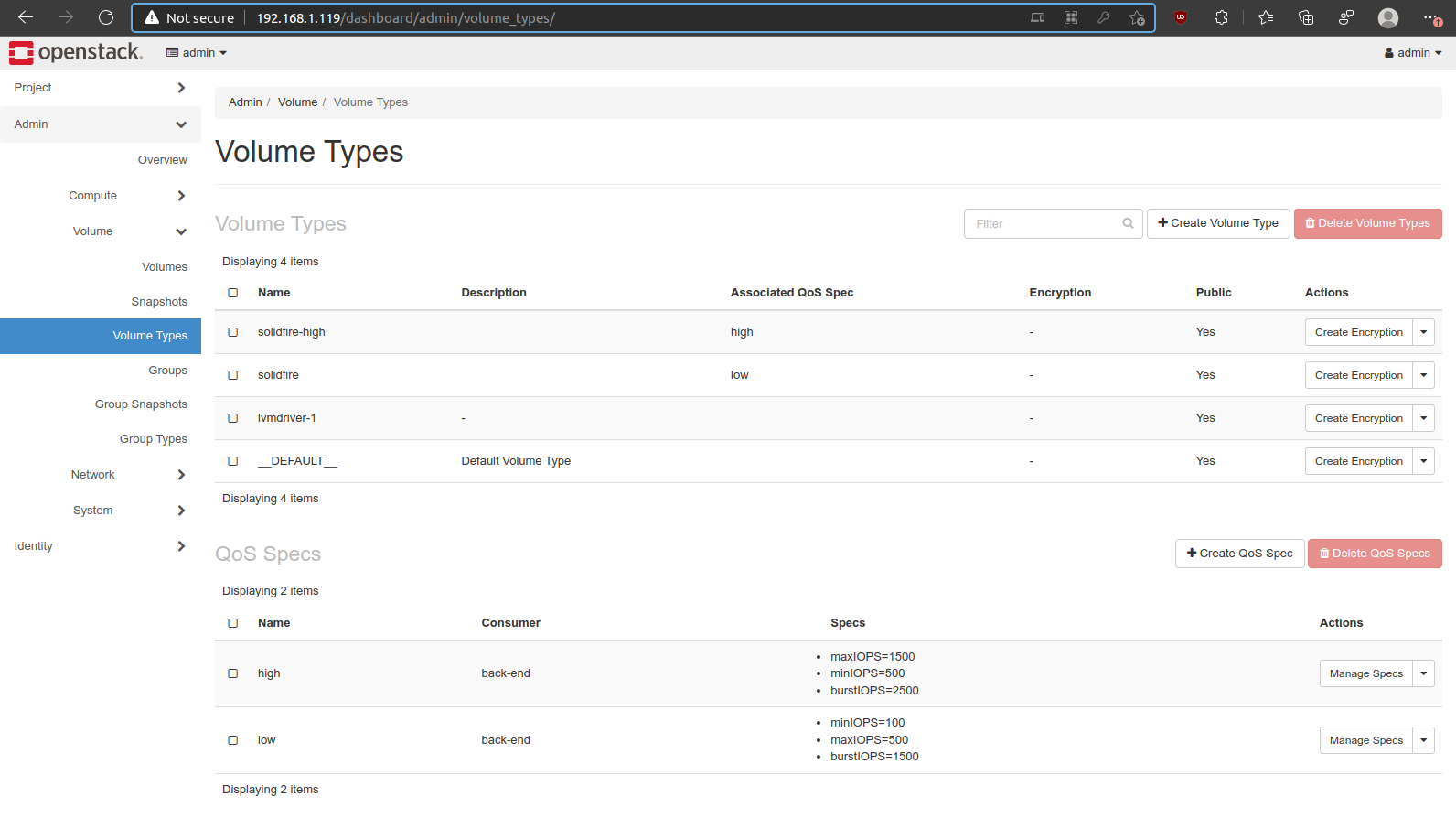 SolidFire Cinder volume types