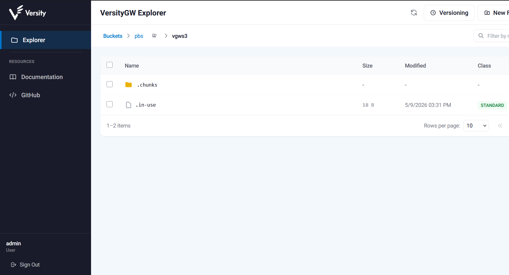 Versity S3 Gateway UI with a few of the PBS bucket pbs