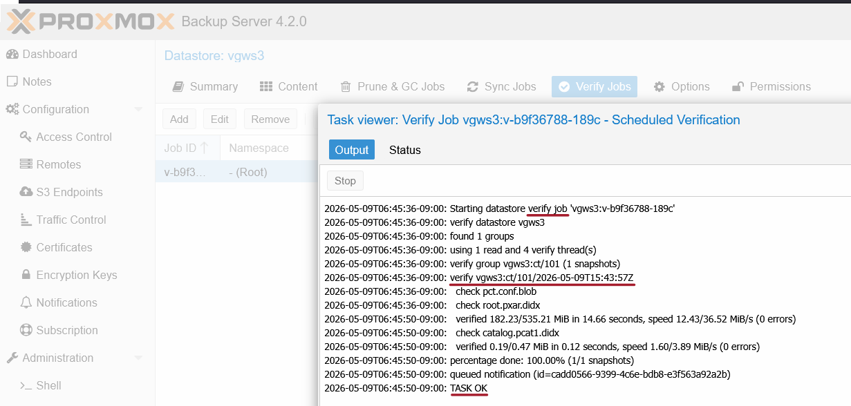 PBS data verification on backup on VGW