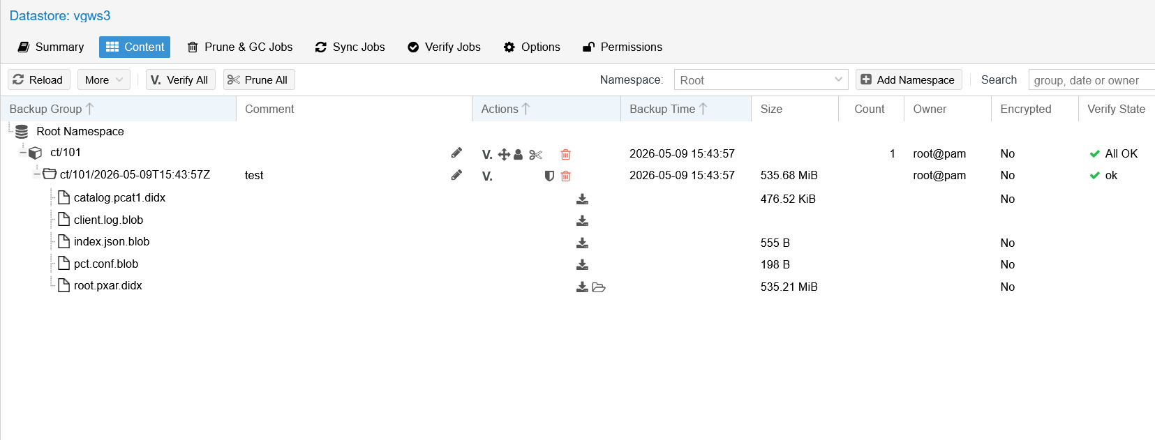 Container data in PBS S3 datastore pane