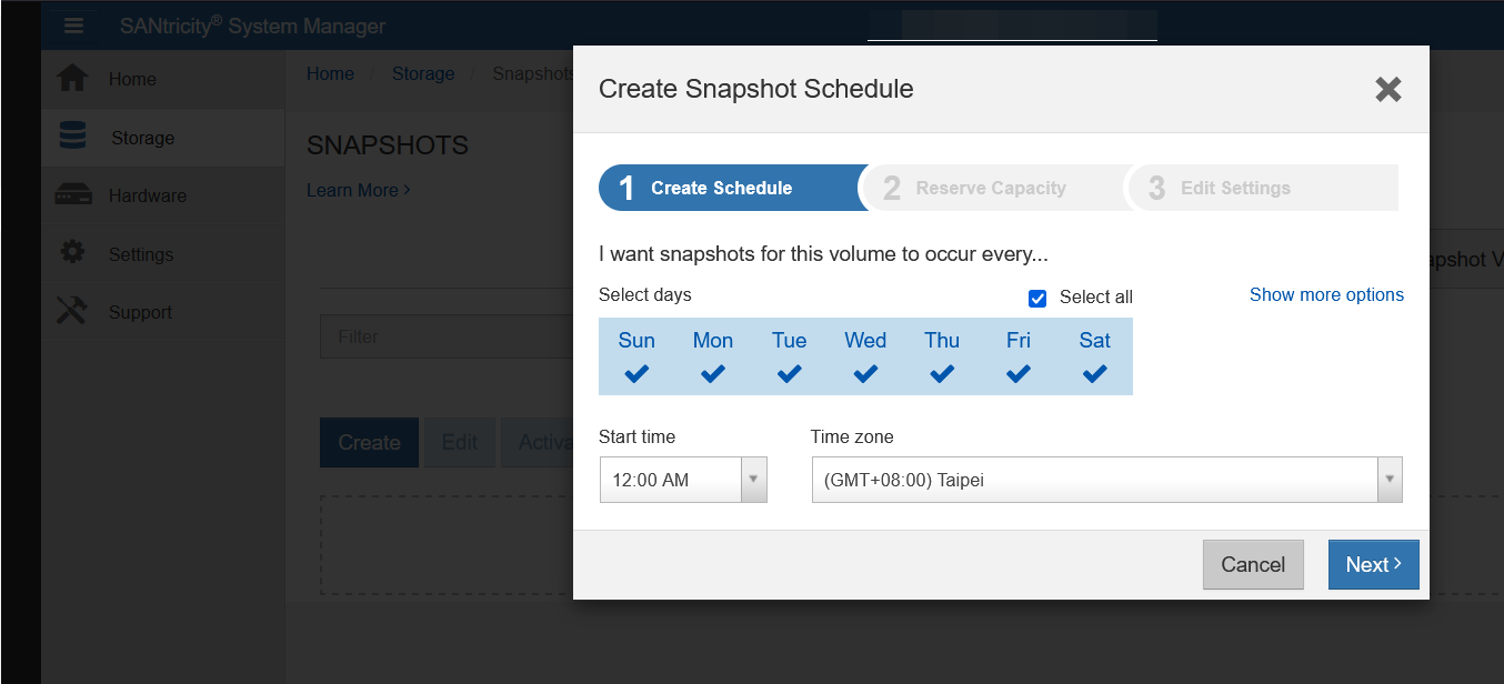 Create snapshot schedule on E-Series