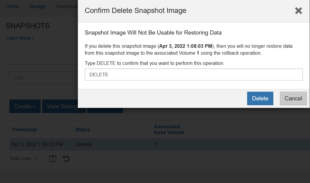 Delete SANtricity snapshot