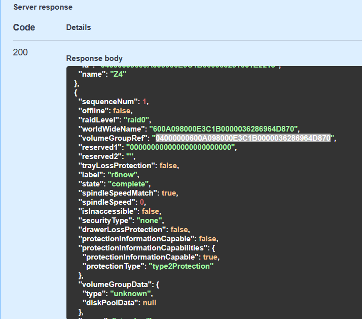 Swagger response to GET storage-pools