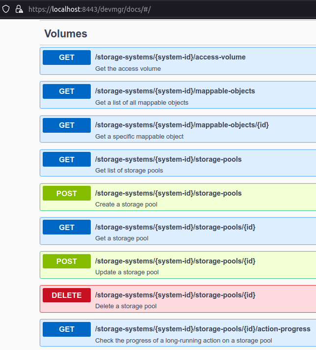 Volumes section in SANtricity Swagger