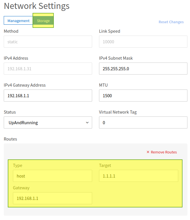 Custom routes on SolidFire storage interface
