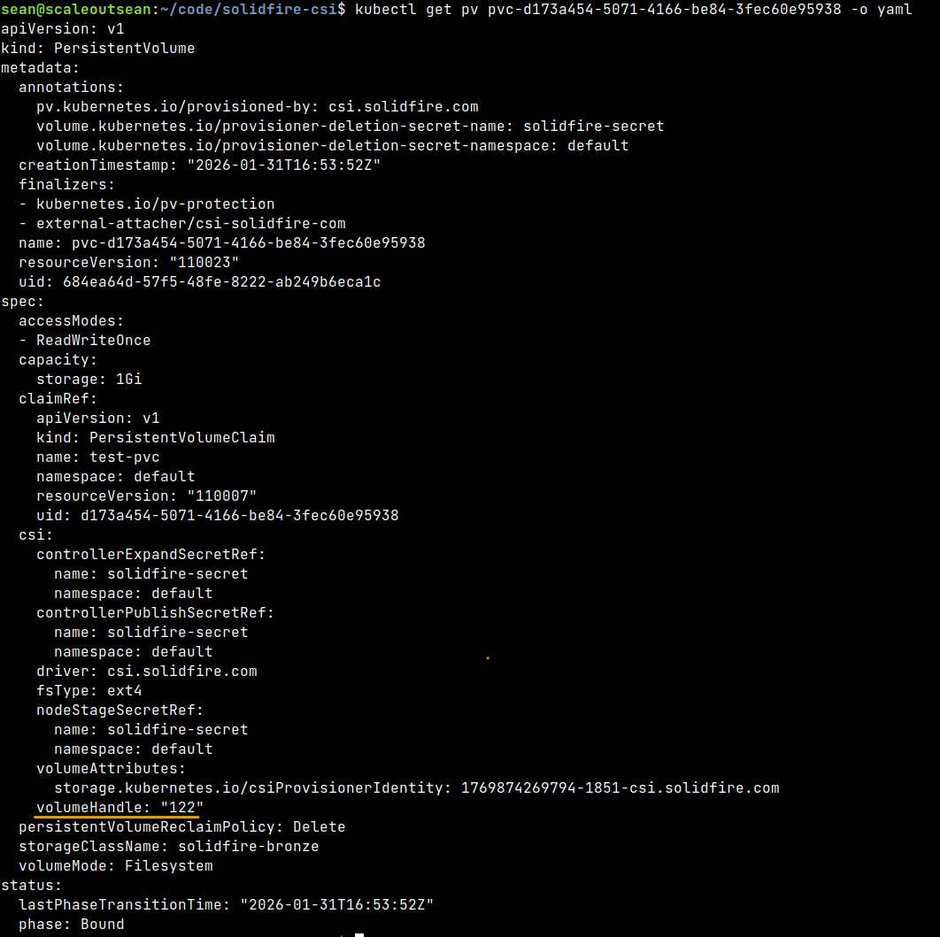 PV volume handle in SolidFire CSIf