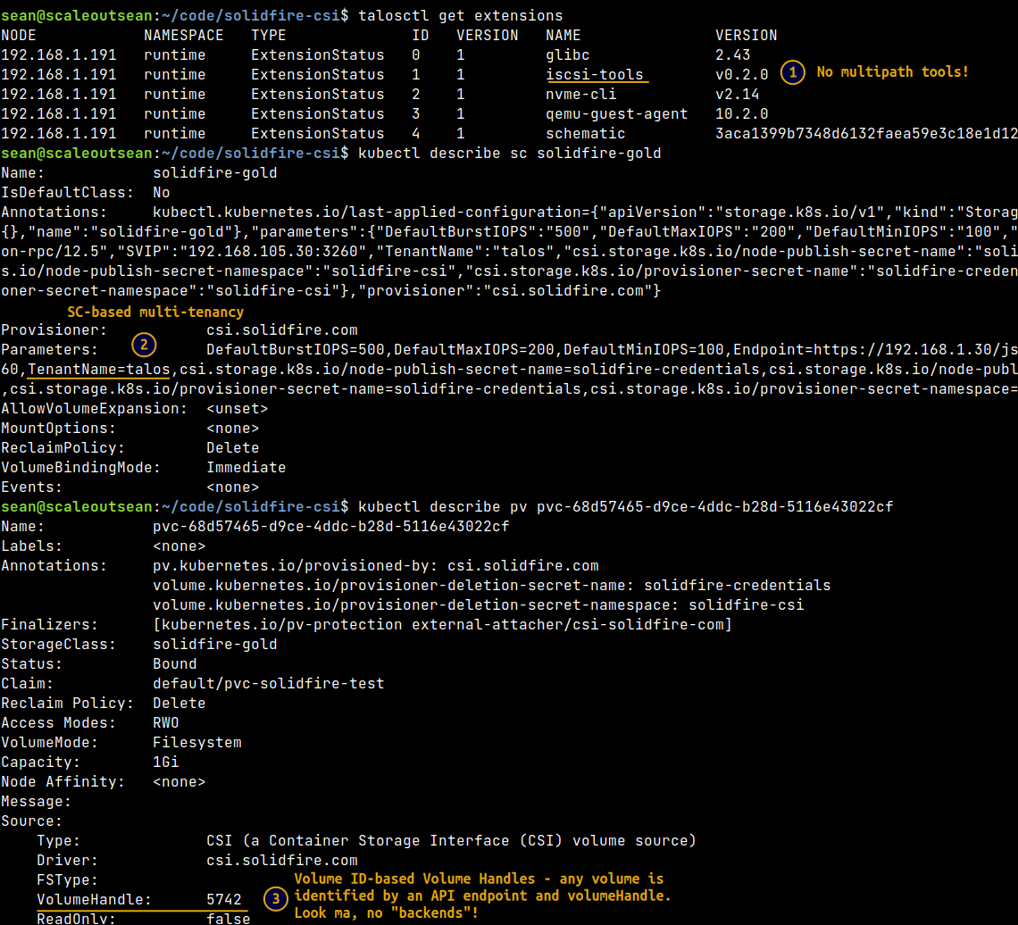 volumeHandle in SolidFire CSI on Talos