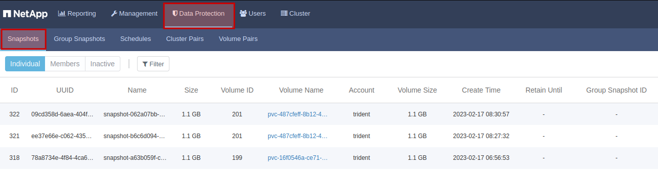 List SolidFire volume snapshots