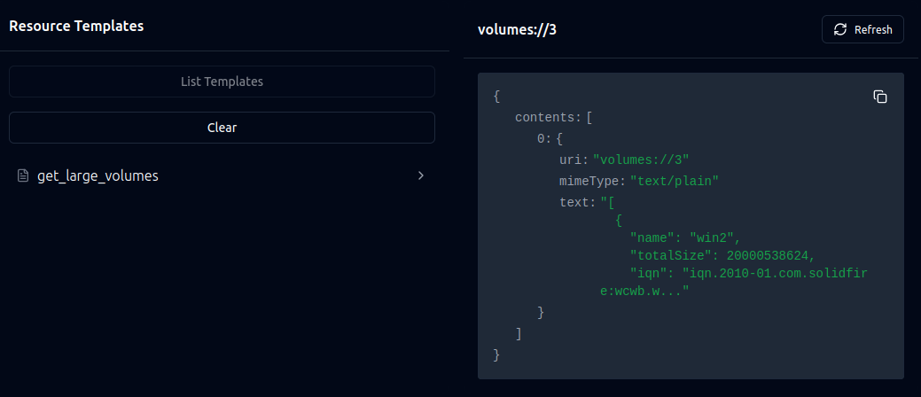 SolidFire MCP Resource Template output