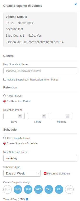 SolidFire create Snapshot dialog
