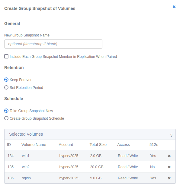 Take a group SolidFire snapshot