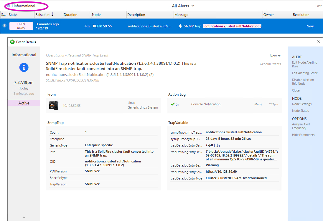 Informational notification for resolved fault