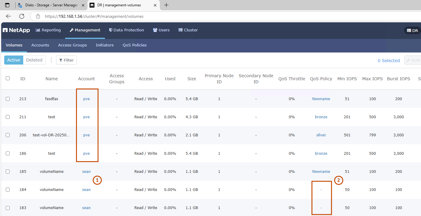 SolidFire Volumes view