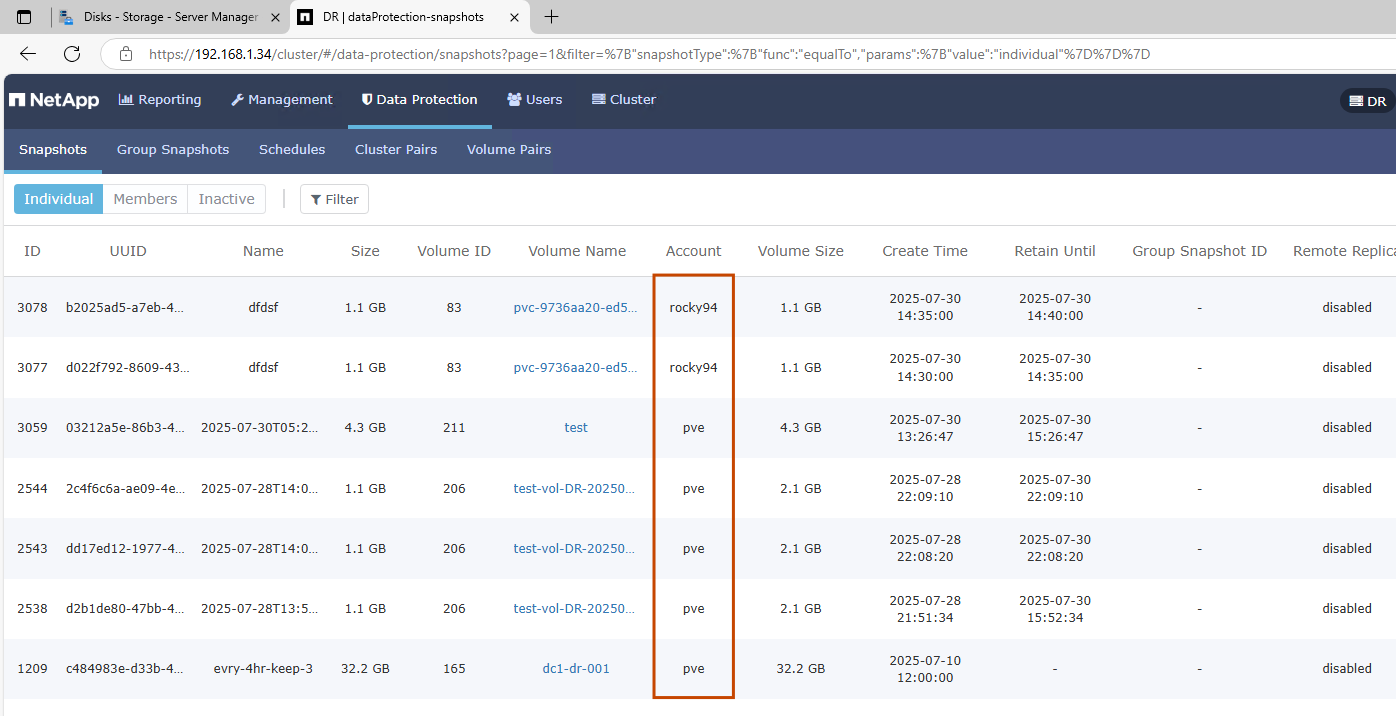 SolidFire Snapshots view