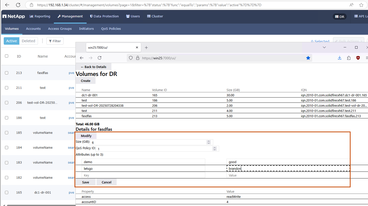 SolidFire WAC Extension - volume modify view