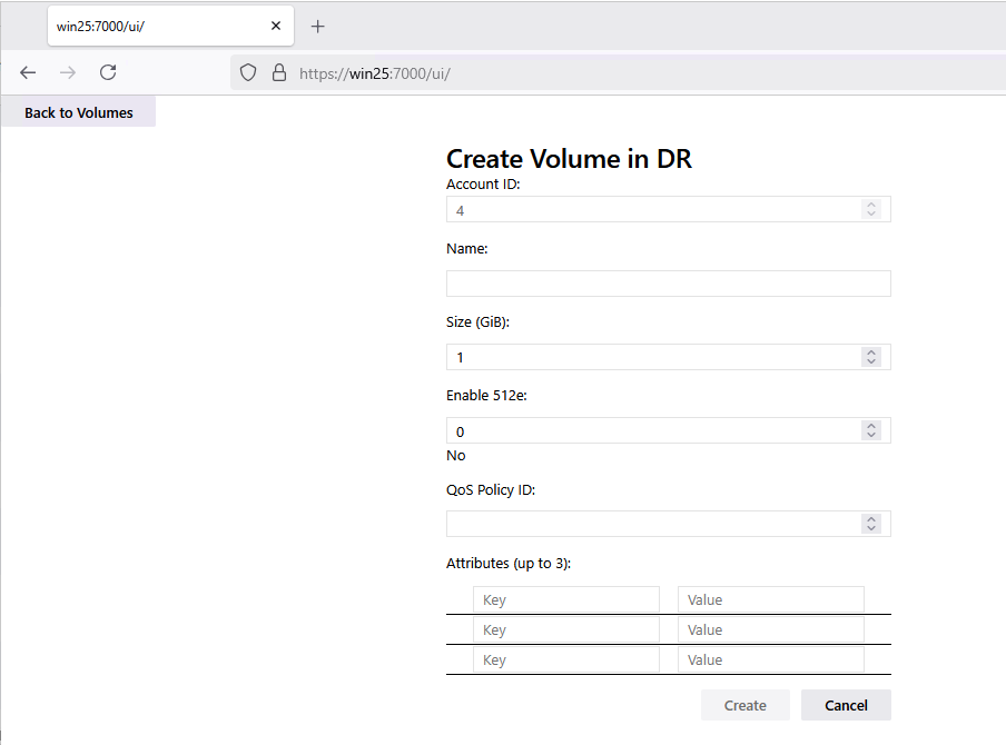 SolidFire WAC Extension - volume create form