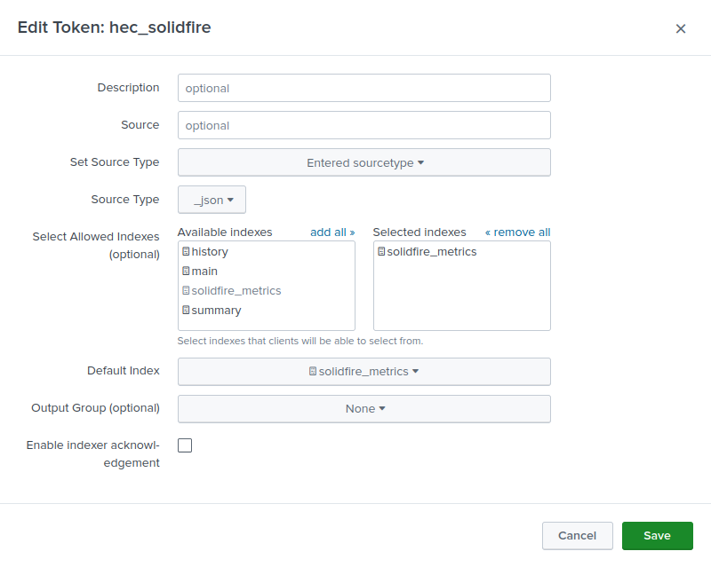 HEC input for SolidFire metrics