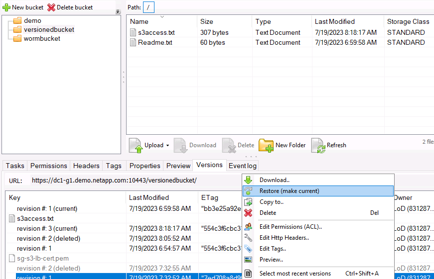 Other operations with versions