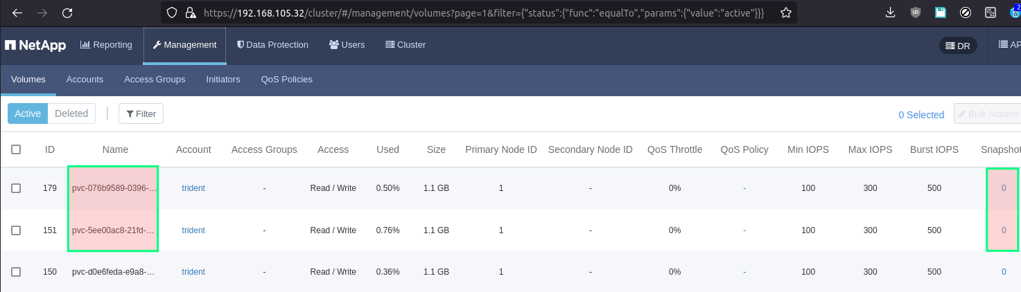 VolSync source and destination volumes on SolidFire